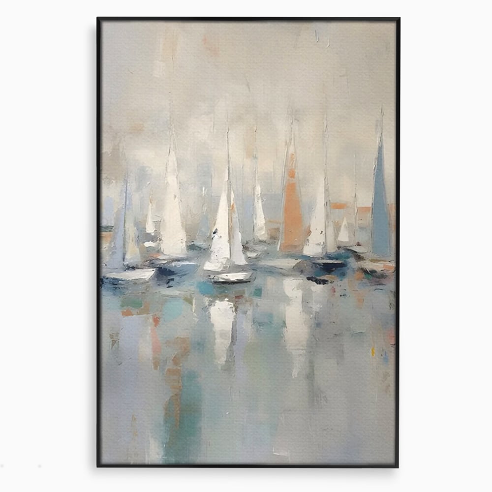 Tablou canvas cu pictura abstracta cu barci cu panze, in rama de aluminiu negru